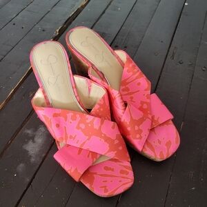 Jessica Simpson Seena Cork Wedge Heel Women's 9.5 Bright Pink Red Funky Print